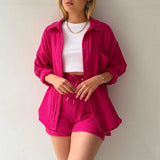 Women's Wrinkle Collar Long-Sleeved Shirt High-Waisted Rope Shorts Fashion Casual Two-Piece