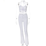 Y2K Streetwear Sexy Bandage Blue Co-ord Suits 2000s Fashion Drawstring Halter Top and High Waist Flare Pants 2 Piece