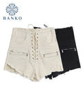Sexy Denim Shorts Women Streetwear Gothic Jeans Mini High Waist Lace Up Casual Zipper Solid Goth Club Fashion 2022