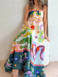 Women Causal Printed Strap Long Dress Summer Fashion Sleeveless Backless Loose Vestidos Female 2024 Elegant Vacation
