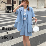 Women Sets 2 Pieces Streetwear Cool College S-4XL Chic Short Sleeve Loose Blazers High-waist Wide-leg Shorts Korean Style
