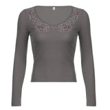 Autumn V Neck Basic Black Long Sleeve T Shirt Casual Autumn Rhinestone Print Crop Top Tshirt Woman Fashion