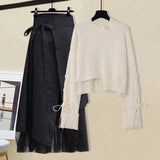 Zingj Women Winter Patchwork Long Sleeve Knitted Tops + Asymmetric Skirt 2 Piece Suit Female Party Elegant Two Piece Set 102-1-Outfit