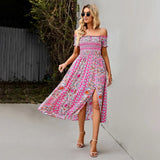 Elegant Floral Print Hem Split Dresses Women Summer Dress 2022 New Boho Holiday Slash Neck Short Sleeve Swing Midi