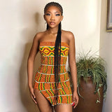 Strapless Tube Mini Dress Vintage African Style Women Smocked Stretchy Sleeveless Off Shoulder Backless Split Short
