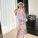 Folded Spring Half-Dress New Folded Print Japan-Korea Casual Dress High-Grade Small Scented