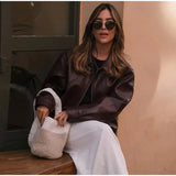 Burgundy Pu Leather Zipper Biker Jacket- Outfit
