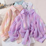Woman Blouses Sparkles Shinning Chiffon Shirts Button Up Women's Blouse shirts Tied Up Waist Transperant