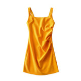 Zingj New Pleated Vest Dress Summer Women's Solid Color Square Collar Sleeveless Hip