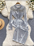 American Spring Sequins Two Pieces Sets Senior Lapel Long Sleeves Shirt+Bodycon Mini Skirt Fashion Shiny Sexy