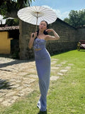 Blue Strapless 3D Flower Ruched Maxi Dress- Outfit