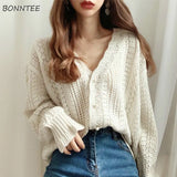 Cardigan Women Spring Chic Hollow Out Elegant V-Neck Korean Vintage Femme Jumper White Sweet Girls Pearls Lady