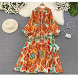 Zingj Quality Light Extravagant Lantern Long Sleeved Round Collar Waist Slim Single Breasted Printed Dress Elegant Long