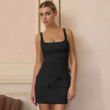 Satin Square Neck Mock Pocket Mini Dress- Outfit