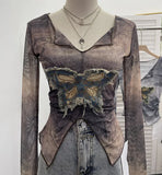 Real Shooting Amount Of Bumpy Tulle Spliced Denim Butterfly Design Sunscreen Coat V Collar Short T-Shirt