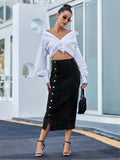 Side Slit Buttoned Denim Midi Skir- Outfit
