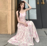 Print Elegant Beach Dress 2023 New Women Vintage Pearl Beading Sweet Midi Dress Female Princess Fairy Strap Evening