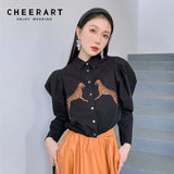 2022 Womens Fashion Black Leopard Cropped Shirt Long Sleeve Top Button Up Collared Puff Sleeve Designer Top