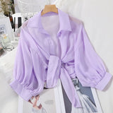 2021 Summer Half Sleeve Buttoned Up Shirt Loose Casual Blouse Chiffon Shirts Women Tied Waist Elegant Blouses for