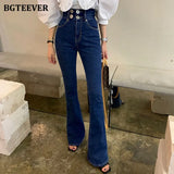 Chic High Waist Buttons Flare Jeans Pants for Women Casual Ladies Denim Blue Trousers 2021 Spring Summer