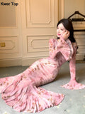 Mermaid Flare Sleeve Long Dresses Vintage Sexy Bodycon Pink Print Evening Club Robe Women Spring Summer