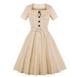 Style Retro Vintage Casual Rockabilly Dress With Belt Short Sleeve Button Front Solid 50s 60s Swing Jurk Women