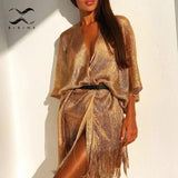 gold bikini cover up Sexy beach dress tunics for women beachwear 2021 Summer See through swimsuit cover-ups kaftan