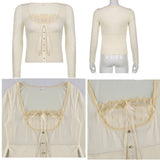 Y2K Sweet Cute Crop Top Lace Frill Bow Pullovers Vintage Square Collar T Shirt Women Skin Button Prepply Korean