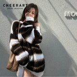 Fluffy Ulzzang Striped Oversized Sweater Pullover Korean Style Fuzzy Knitted Sweater Winter 2021 Knitwear