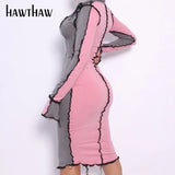 Women Autumn Winter Long Sleeve Color Block Patchwork Bodycon Package Hip Pencil Dress 2020 Female Clothing