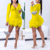 Zingj Fashion Women's Solid Color Deep V Feather Patchwork Shorts Jumpsuit