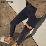 Chic Irregular Ripped Holes Women Pencil Denim Jeans Stylish High Waist Stretched Female Skinny Denim Pants 2021