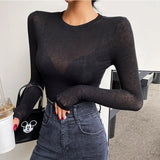 Cotton Summer T Shirt Women Long Sleeves Tee Shirt High Elasticity Breathable Sexy Thin T-shirt see through Female