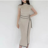 Dress With Belt Vintage Patchwork Slim Knitted Midi Dresses Women Autumn Winter Elegant Sweater Knit Dress 2021