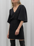 Luxury black short sleeve summer women dress Sexy V-neck solid High Street dress Elegant A-line ladies mini