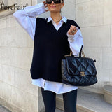 V Neck White Vest Sweater Sleeveless Knitted Women Loose Pullovers Black Oversized Casual Autumn Winter Jumper
