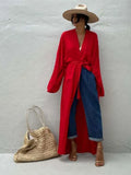 Casual Solid Long Sleeve Self Belted Kimono Dress Plus Size Women Casual Elastic Waist Long Loose Slit Beach Dress