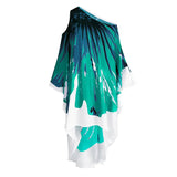 Bohemian Printed Blue Long Sleeve Self Belted Kimono Dress Women Clothing Summer Beachwear One Shoulder Maxi Dress