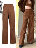 Brown Vintage Baggy Jeans Women 90s Streetwear Pockets Wide Leg Cargo Pants Low Waist Straight Denim