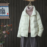 New Standing Collar Contracted Light Down Jacket Female Short Stair Case Loose Show Thin White Duck Velvet Button Coat Female Tide-Outfit