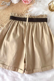 Women Casual High Waist Loose Cotton Short Pants 2023 Summer Elegant Sweet Girls All-Match Wide Leg Shorts With Belt