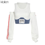 Spring Fashion Patchwork Women T-shirt 2021 New Sexy Off Shoulder Rib Knitted Letter Slim Wild Streetwear Female