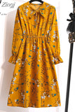 Women Casual Spring Autumn Dress Korean Style Vintage Floral Printed Shirt Dress Long Sleeve Elegant Bow Midi Summer