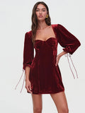 Velvet Square Neck Puff Long Sleeve Mini Dress- Outfit