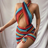 Summer Sexy Women Halter Neck Backless Striped Patchwork Shirring Beach Dress Girls Off Shoulder Bodycon Bandage Wrap