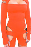 Women Bodycon Buckle Cut Out Biker Rompers Sexy Long Sleeves Hollow Out Clubwear Bodysuit One Piece Short Jumpsuit