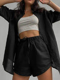 Loungewear Matching Set 2022 Summer Cotton Women Tracksuit Long Sleeve Oversized Shirt Tops And Mini Shorts Two Piece