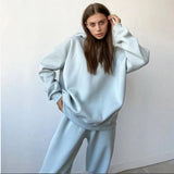 Hooded Sweatshirt and High Waist Trouser Suits Fashion Autumn Winter Solid Loose 2 Piece Female Set Tracksuit Black