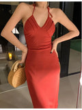 Women Summer Spaghetti Straps V-Neck Backless Midi Dresses Female Beach Prom Party Sexy Vestidos