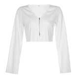 Zipper Casual Loose Long Sleeve Cropped Tshirt Autumn Fashion V Neck Crop Top T Shirt Women Chic Cotton